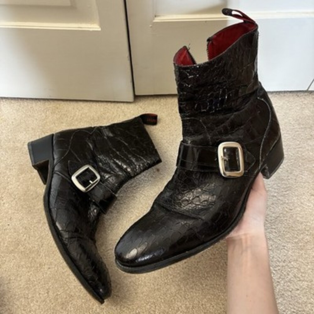 Jeffery West Croc Embossed Leather Buckle Boots Skull Zipper Red Italy Mens 10
